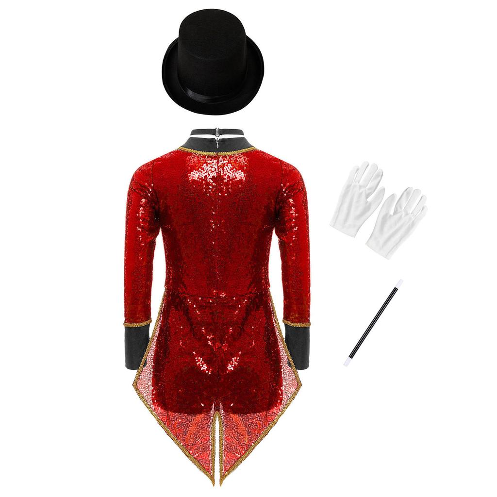 Complete Kids Magician Halloween Costume Set: Sequin Checkerboard Tailcoat Bodysuit with Hat, Bow Tie, Gloves & Magic Wand