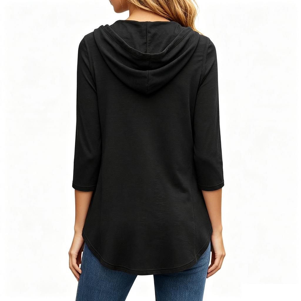 Women's Casual Hooded Top with 3/4 Sleeves Loose Fit Blouse for Everyday Wear