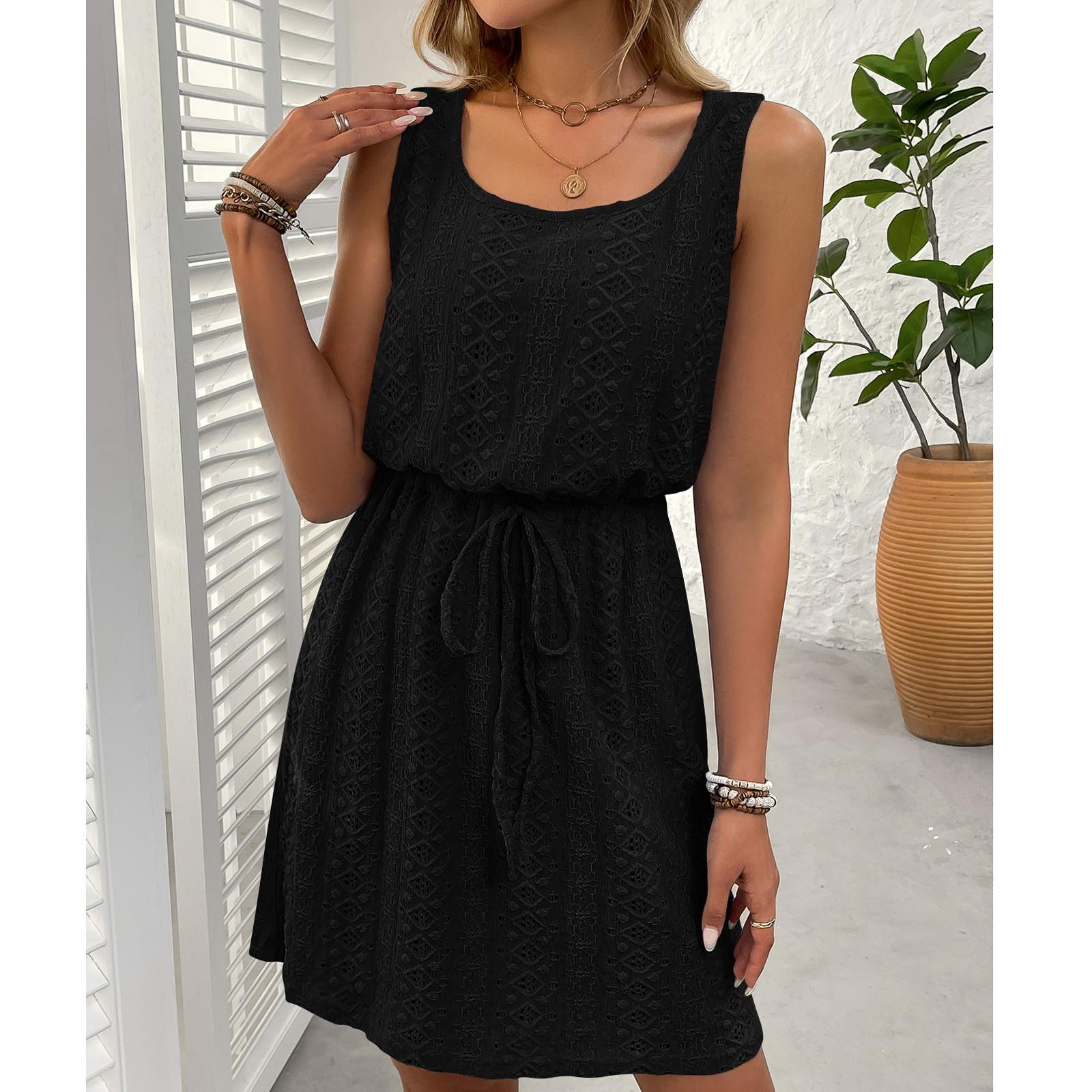 Women s Loose Color Quare Neck Spring Hollow Out Drawstring Sleeveless Dress L