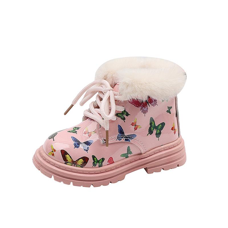Girl Winter Boots Fashion Butterfly Printed Children Thick Bottom Cotton Boots Trend Versatile Leather Kids Causal Ankle Boots