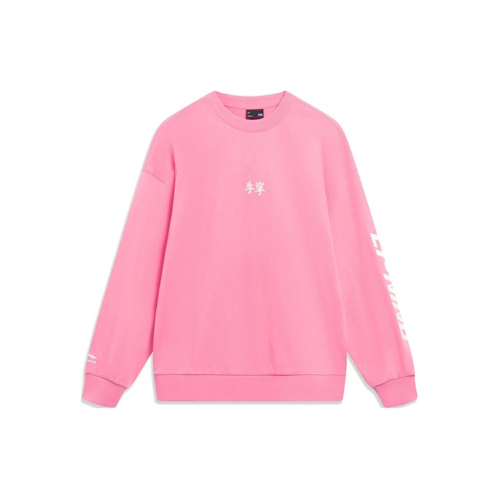 Li-Ning Logo Embroidered Crew Neck Loose Long Sleeve Sweatshirt Unisex Tops Dawn-Pink AWDT605-7
