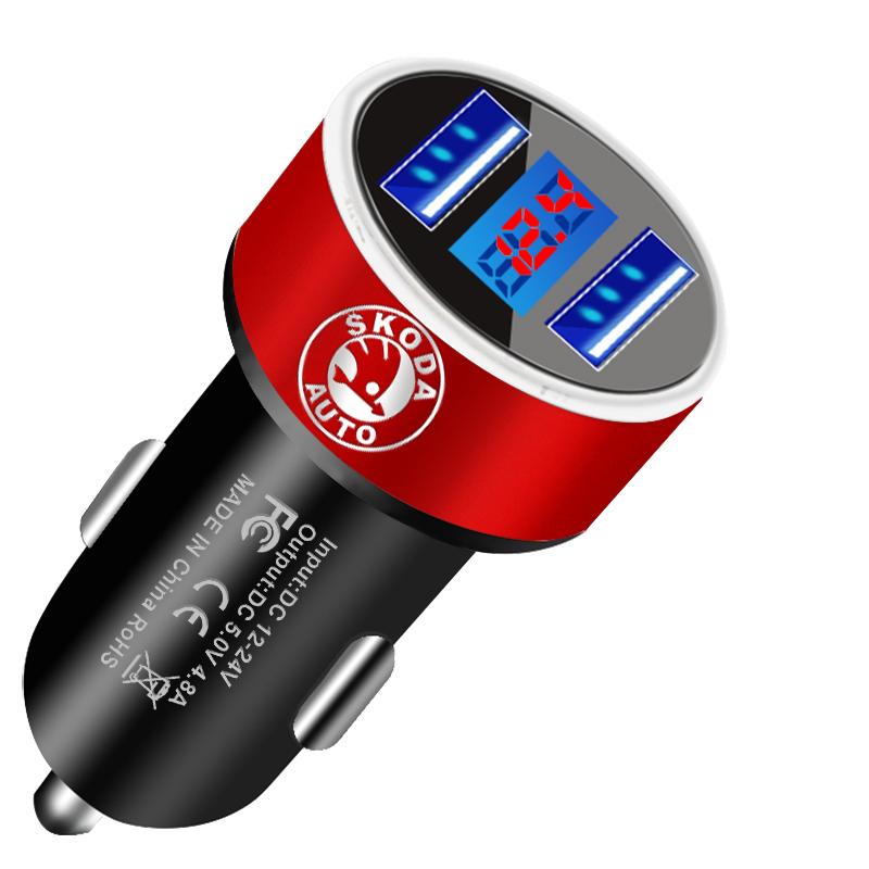 Car Charger 2 USB Ports Fast Charging Digital Display Car Accessories For Skoda Octavia Superb Rapid Kodiaq Karoq Fabia Kamiq Roomster Citigo