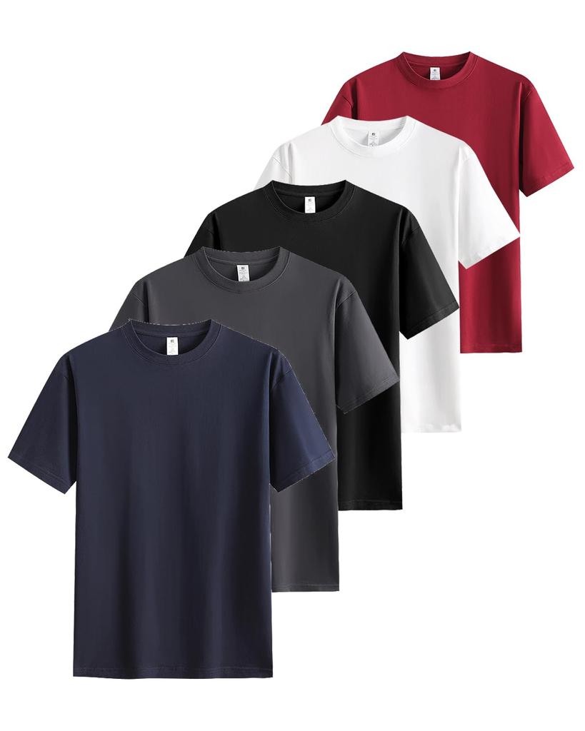 SHOREKEEPER Combed Cotton Short Loose Soft Round Odor Solid Quick All Season Basic Set X White X Steel Gray X Navy X Wine 5-Pack Men's 100% T-Shirts,