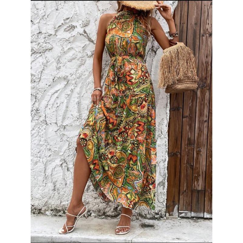 Jarní léto dámské šaty s potiskem Vintage bohémské šaty s visícím krkem Šaty bez rukávů