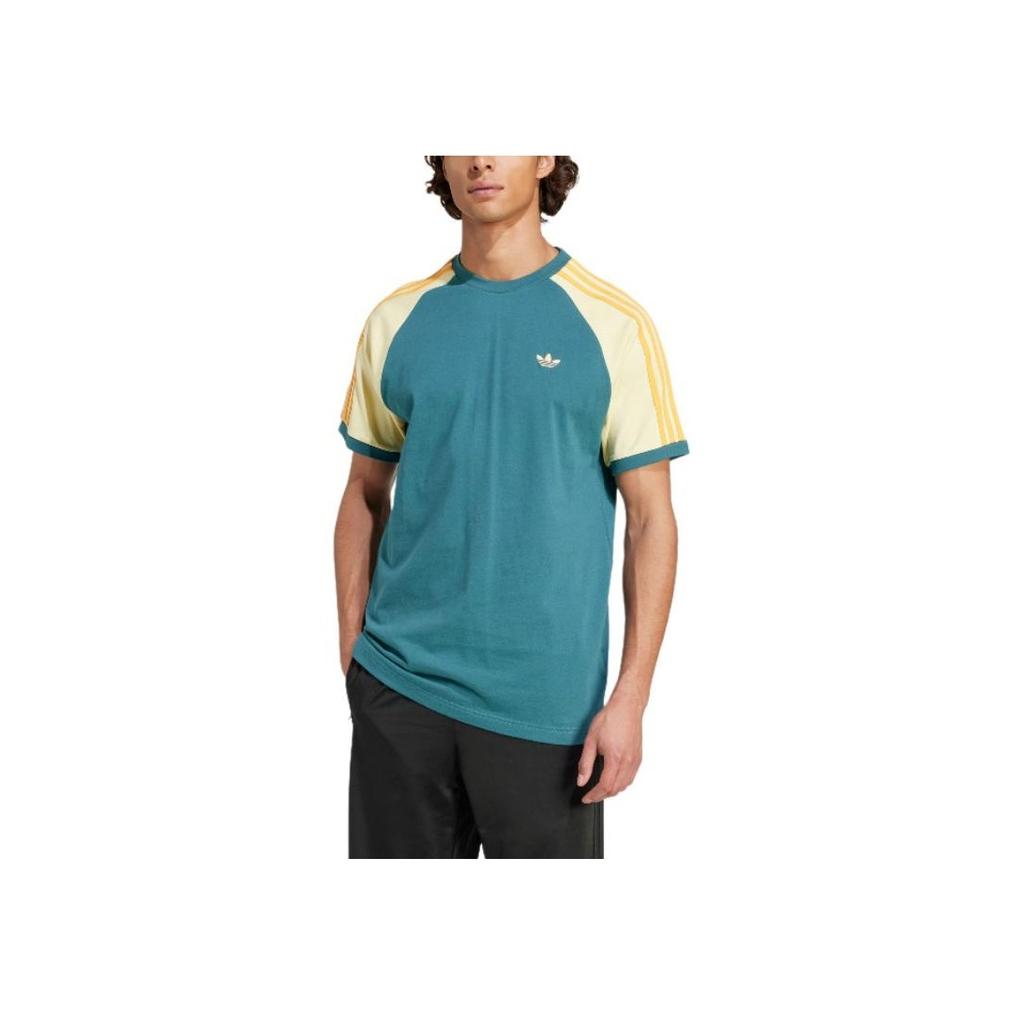 Adidas Originals Cali Sport Round Neck Slim Fit Fashion Short Sleeve T-Shirt Men Tops Detective-Green Yellow Light-Orange KC4961
