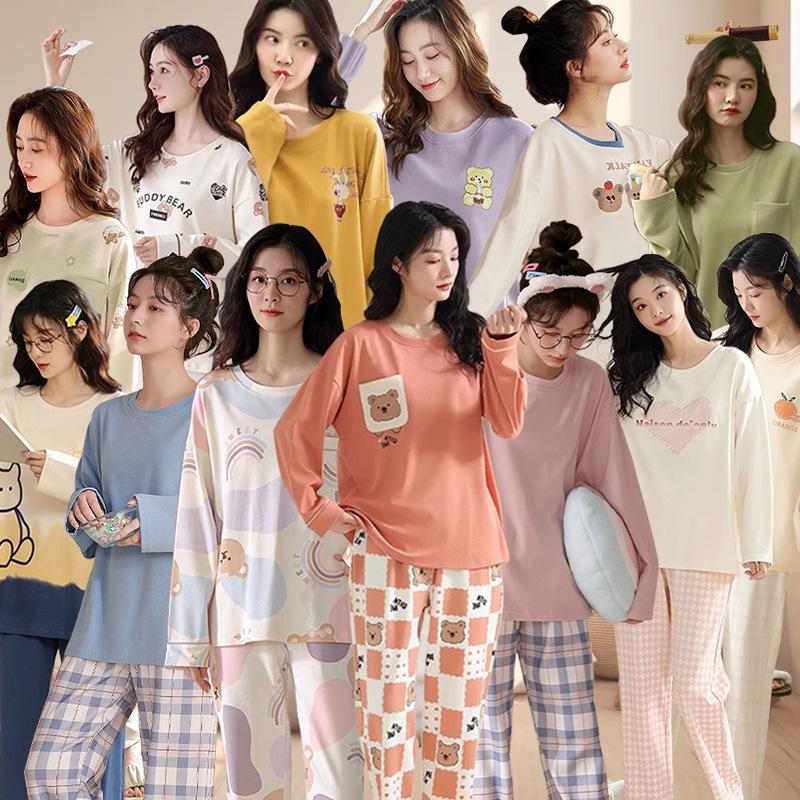 Women's Korean Fashion Long Sleeve Plaid Pajamas: Spring, Autumn, and Winter Casual Homewear Set for Indoor & Outdoor Wear.