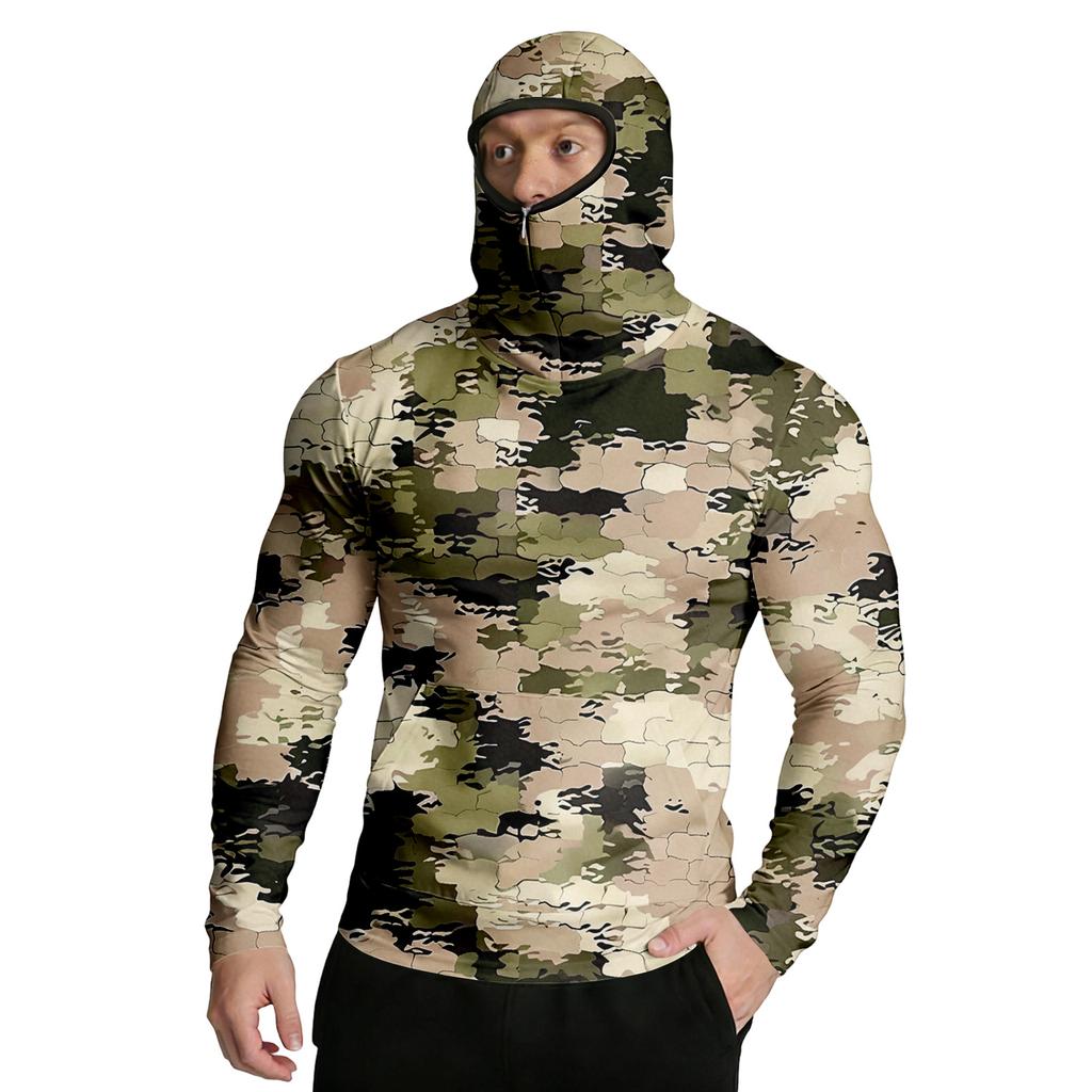 Men Digital Camouflage Print Long Sleeve Hooded Pullover with Integrated Face Covering for Outdoor Activities