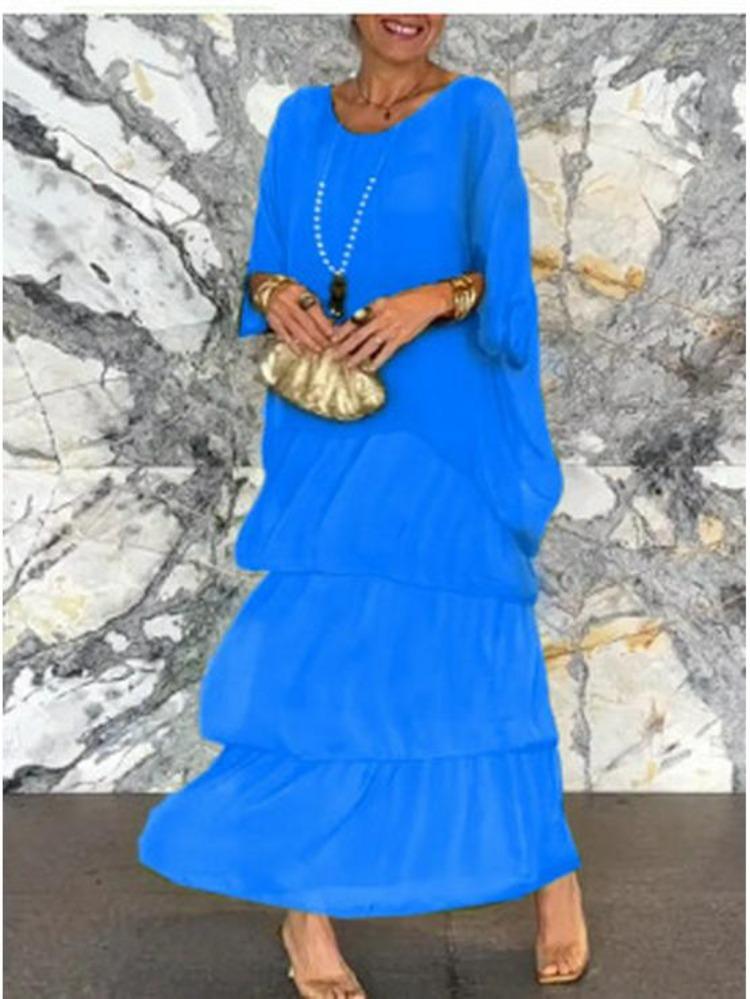 Elegant Chiffon Fashion Trendy Mesh Bat Sleeve Maxi Long Dress