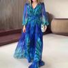 Maxi-jurk met V-hals, pofmouwen, kleurverloop print, tailleceintuur en asymmetrische zoom