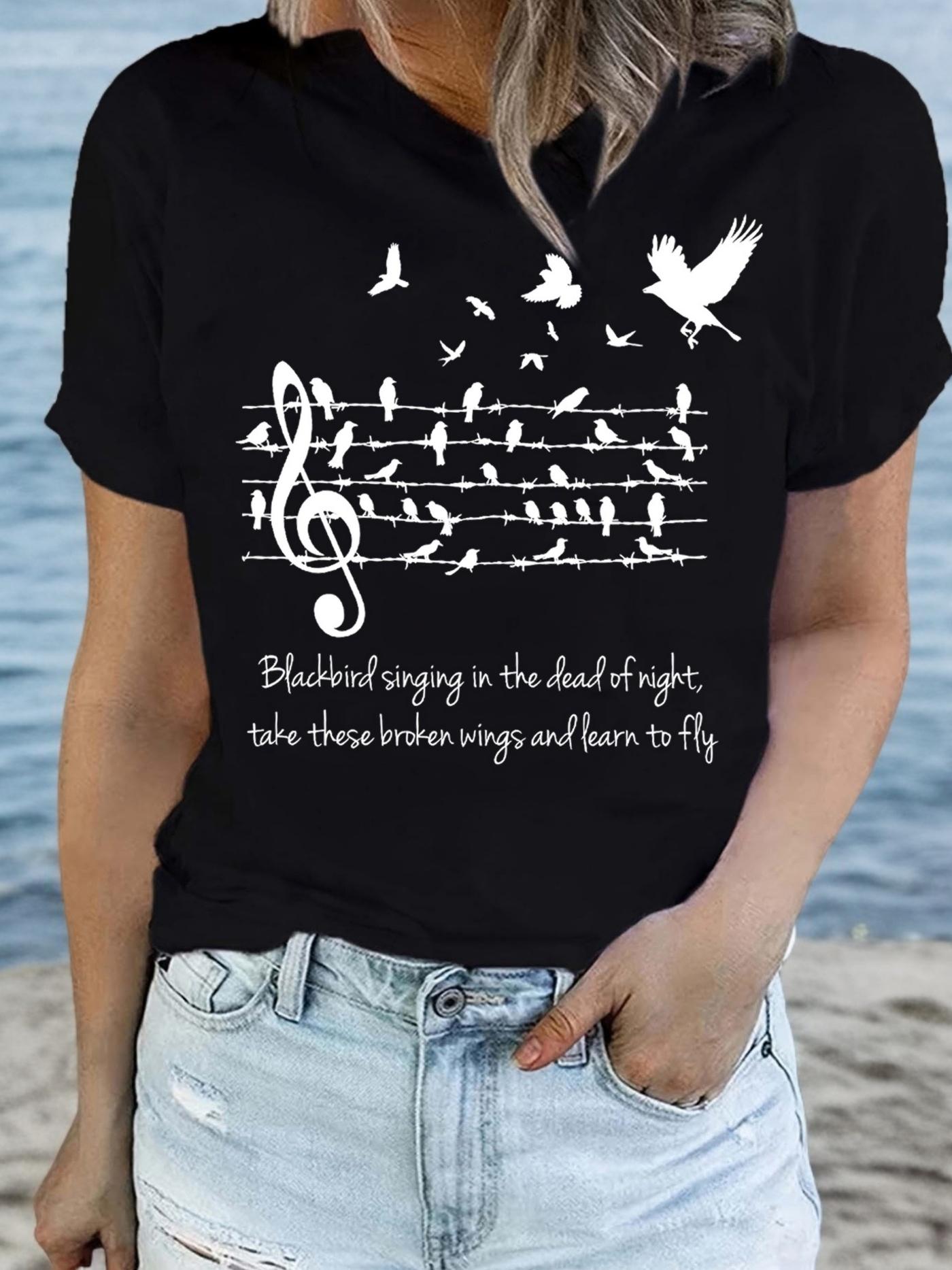 Birds on Music Notes Graphic T-shirt L
