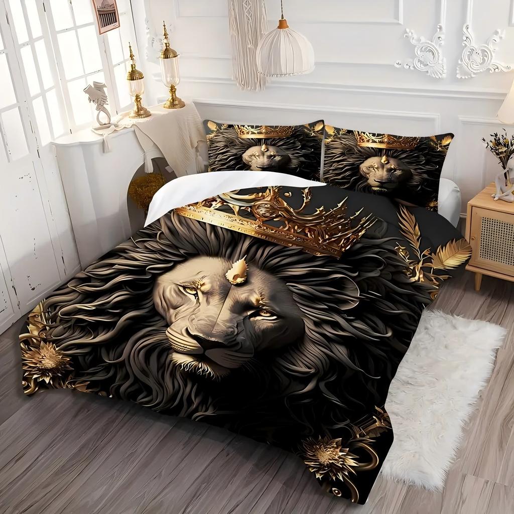 Crown Lion Pattern 3D Print Duvet Cover Breathable Soft Comfortable Luxury Bedding Set Wildlife Theme Quilt Covernot comforter