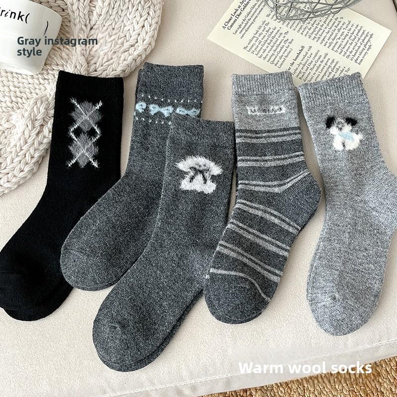Wool Socks - Women's Warm and Thick Mid-calf Socks with Cartoon Dog and Bow Tie Design, In Gray Color, Suitable for All Occasions and Versatile.