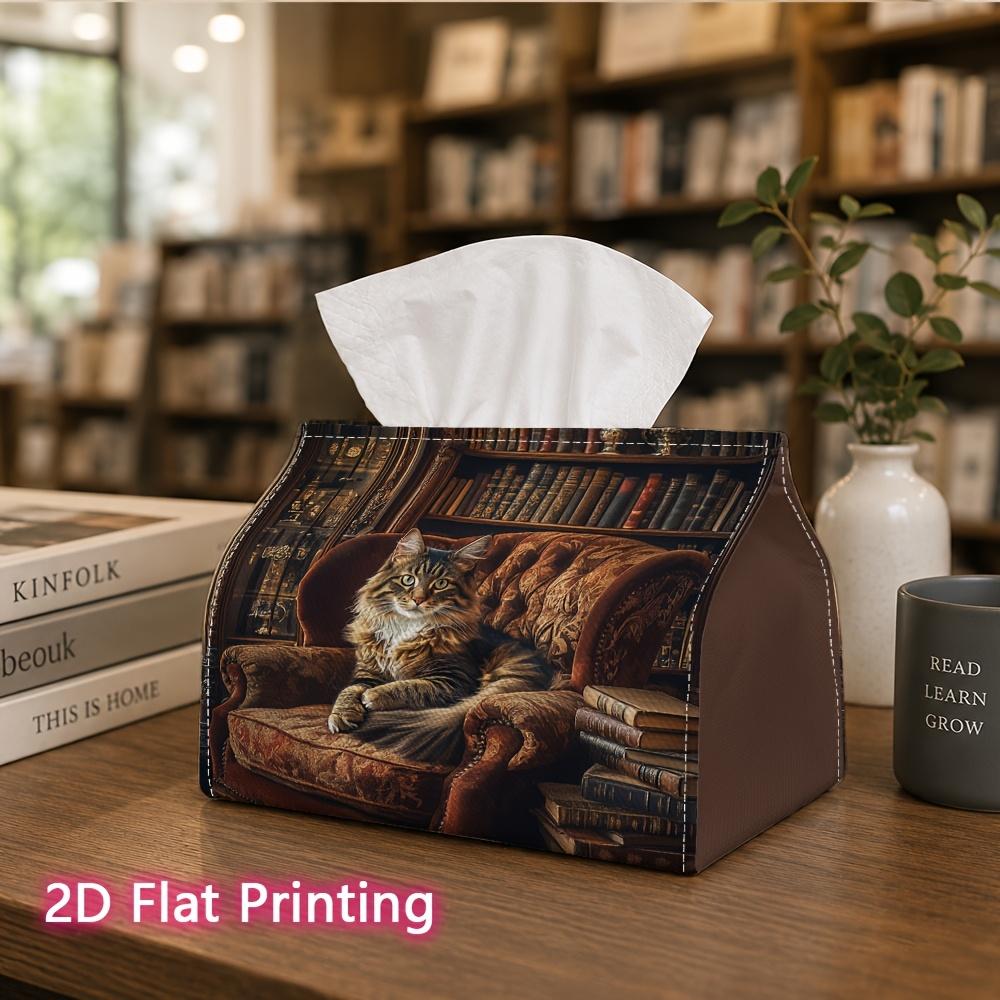 1pc, 2d Flat Printing, Tissue Box The Cat Pattern in the Retro Library Printed Tissue Box, Suitable for Kitchen, Living Room, Bedroom, and Carr, Fashi