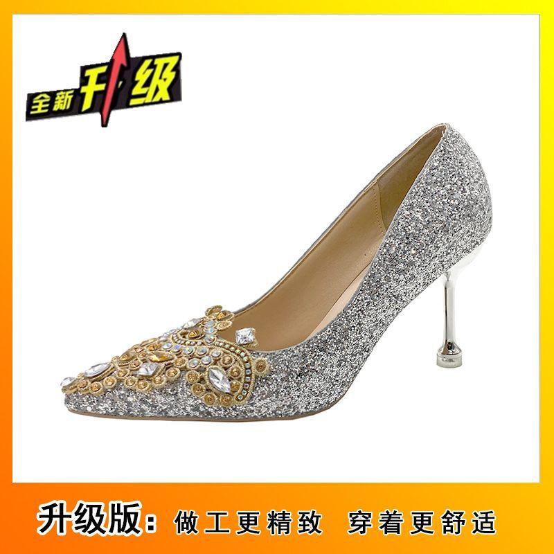 Silver wedding shoes two wear high heels single shoes women's 2025 new French champagne rhinestone show he wedding shoes