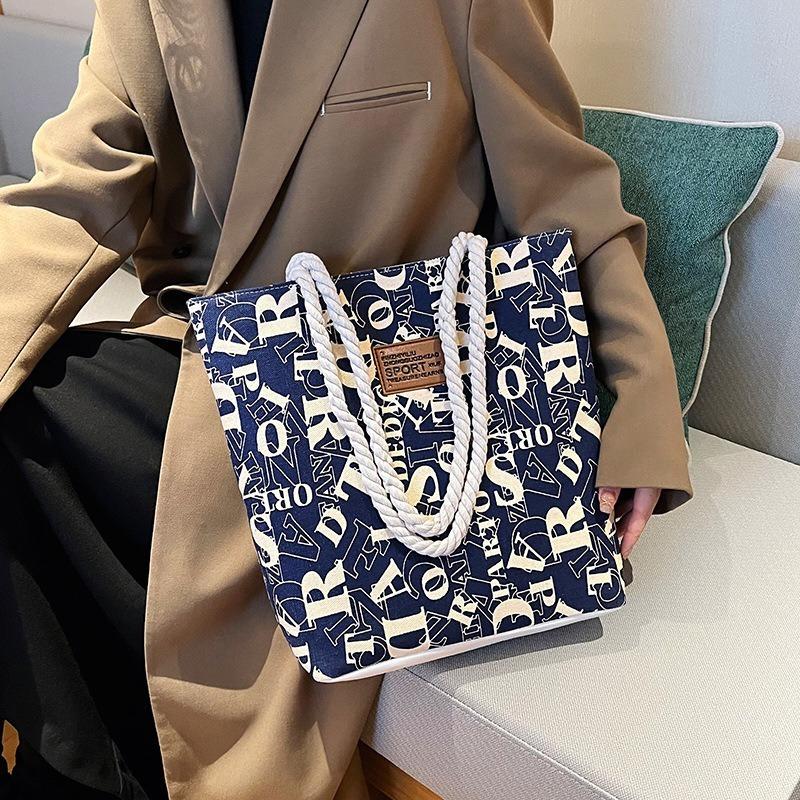 Stylish Large Canvas Tote Bag with Letter Print and Rope Handles for Work and Commute