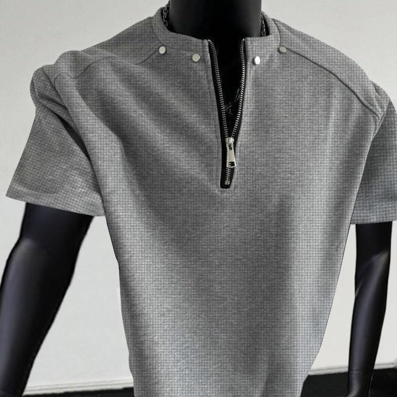 Summer Retro Rivet Half-Zip Short Sleeve Men's Clean Fit High-End  Swagger Trendy Brand T-Shirt Top
