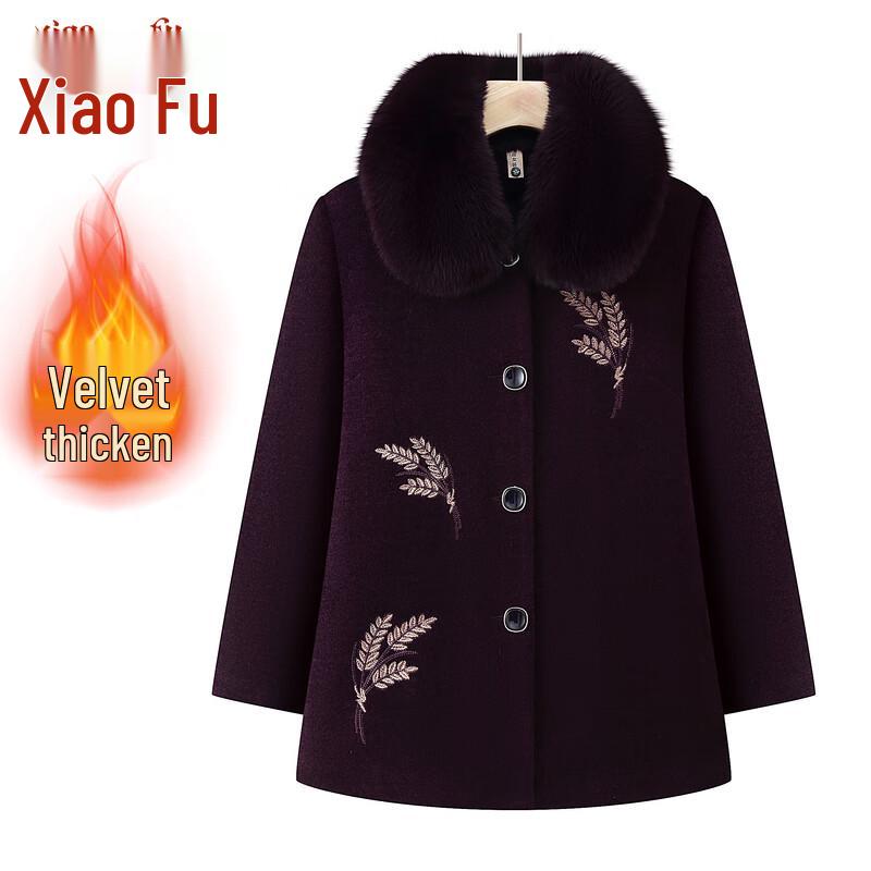 Middle-aged & Elderly Women's Winter Woolen Coat with Faux Fur Collar
