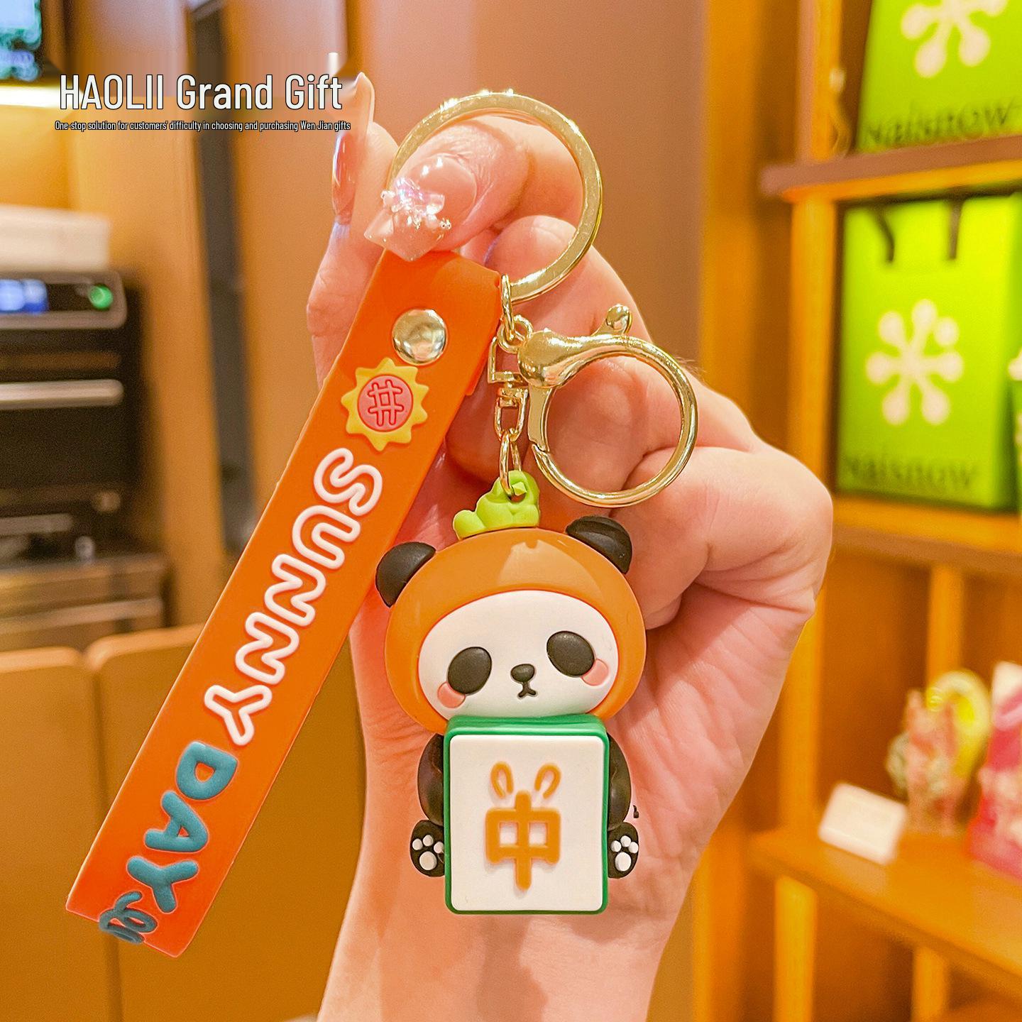 Cartoon Panda Mahjong Fruit Keychain - Creative Car Bag Charm Gift