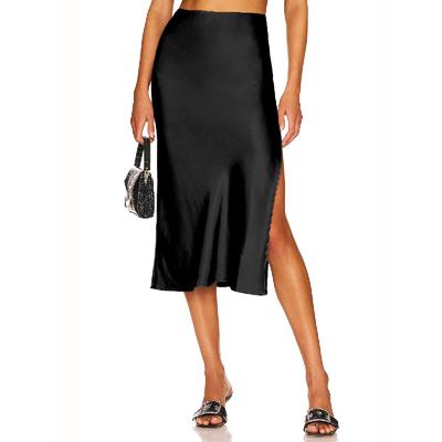 Womens Satin Silk High Waist Slit Midi Skirt Elastic Waistband Midi Skirts for Women