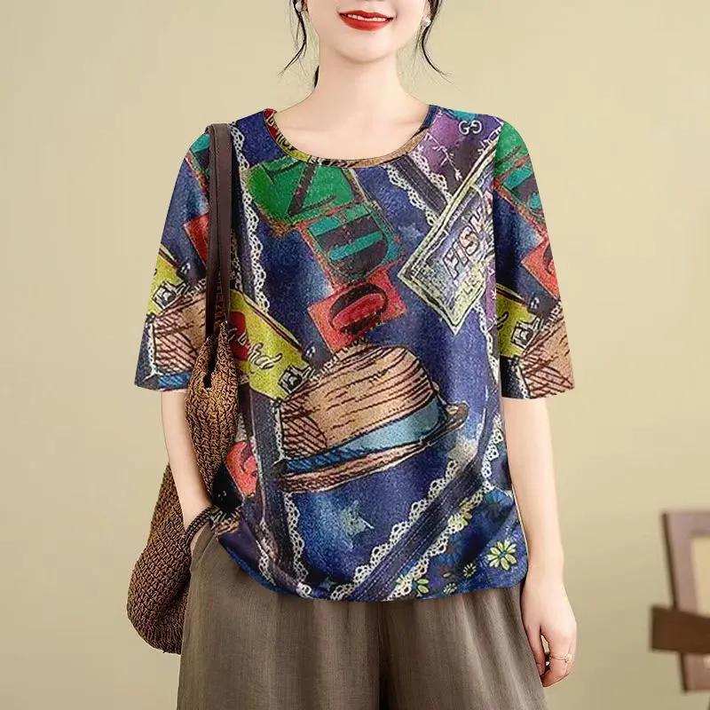 

Women s quarter-sleeve round neck top with retro printed T-shirt top M синій
