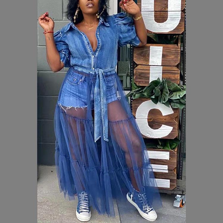 2025 Plus Size Women's Blue Denim Patchwork Mesh Cardigan Dress Skirt - European & American Style, Long & Stylish for Commuting
