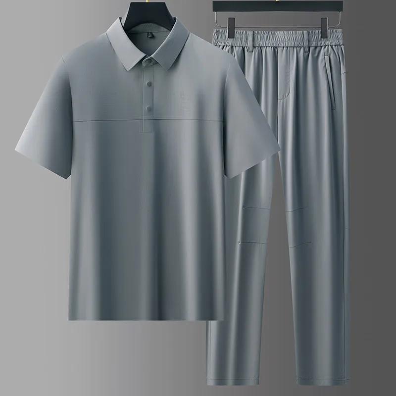 2026 Summer Men's Middle-Aged & Elderly Casual Sports Suit Men High Elasticity Cool Ice Silk Polo Shirt & Long Pants 2 Piece Set