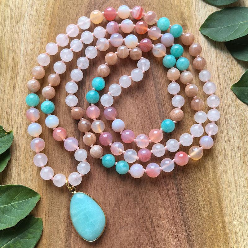 108 Beads Hand Knotted Mala Necklace,Natural Rose Quartz,Sunstone,Amazonite,JapaMala,Prayer Healing Crystals,Yoga Jewelry Gift