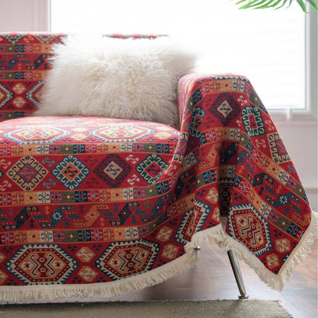 One-Piece Sofa Towel Anti-Cat Scratch Red Festive Ethnic Style Jacquard Thick Retro