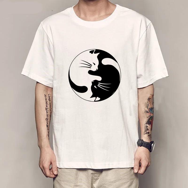 Yin Yang Cats Tshirt Men Vintage T-shirts Japanese Anime Manga Harajuku Fashion O-Neck Streetwear Casual Tops Summer Mens Tshirt