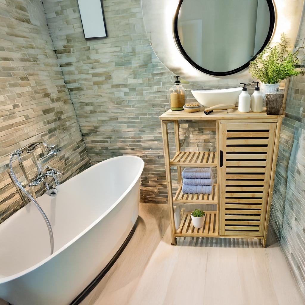 Bamboo Bathroom Cabinet With 3 Storage Shelves 87X66X33Cm