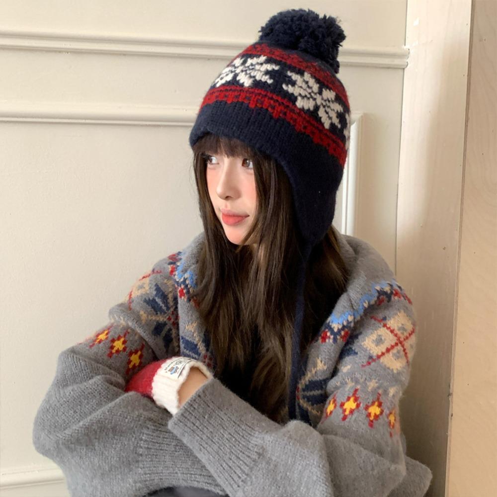 

Warm Jacquard Woolen Hat Korean Style Beanies Cap Casual Knitted Pullover Hat Outdoor темно-синий