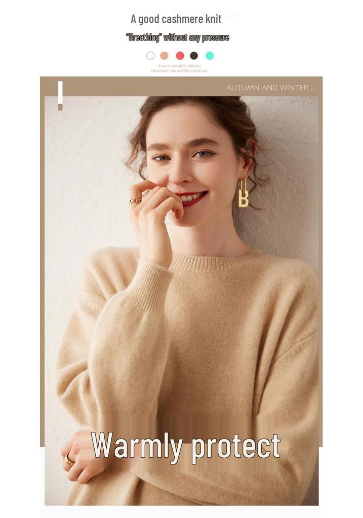 Women's Cashmere Round Neck Pullover Sweater - Autumn/Winter Thick Knit Base Layer