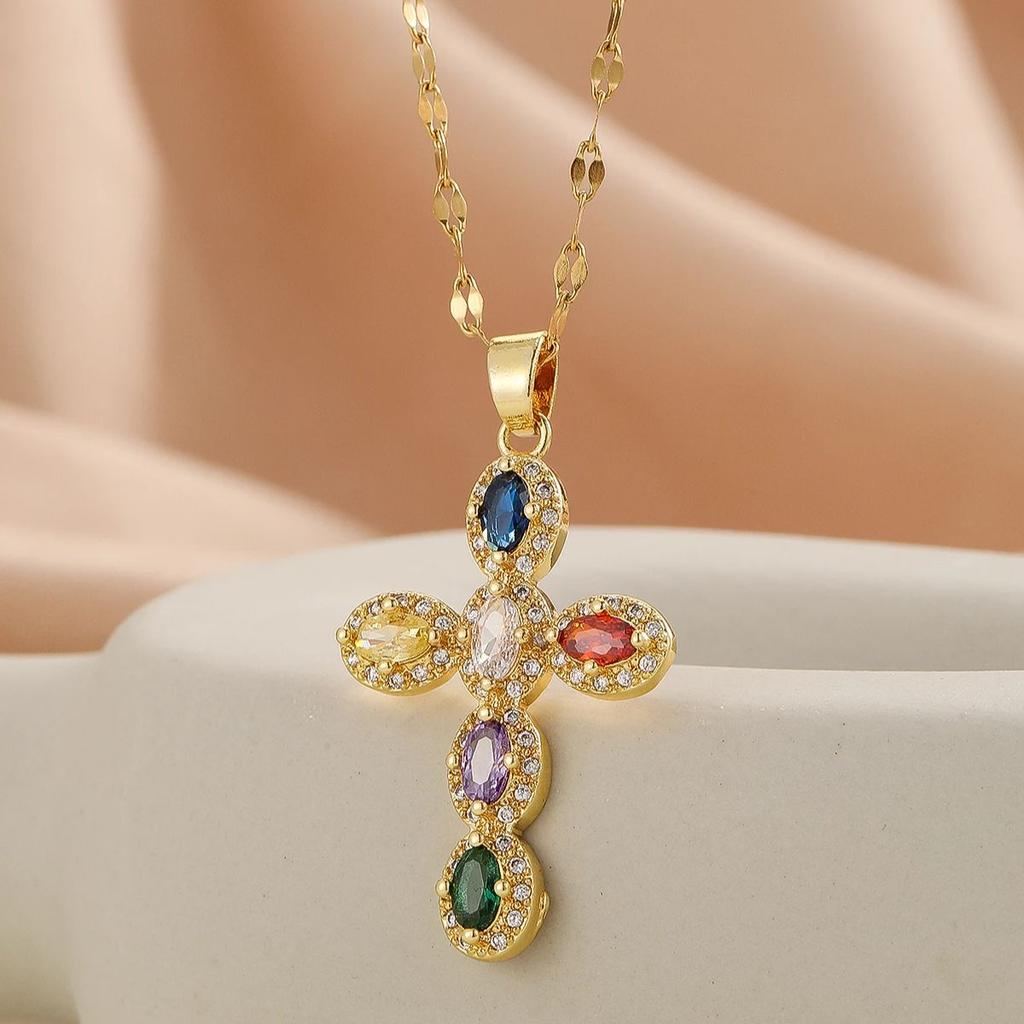 Fashion Personality 1 Piece Necklace Elegant Women's Micro Inlaid Colorful Round Zircon Cross Necklace