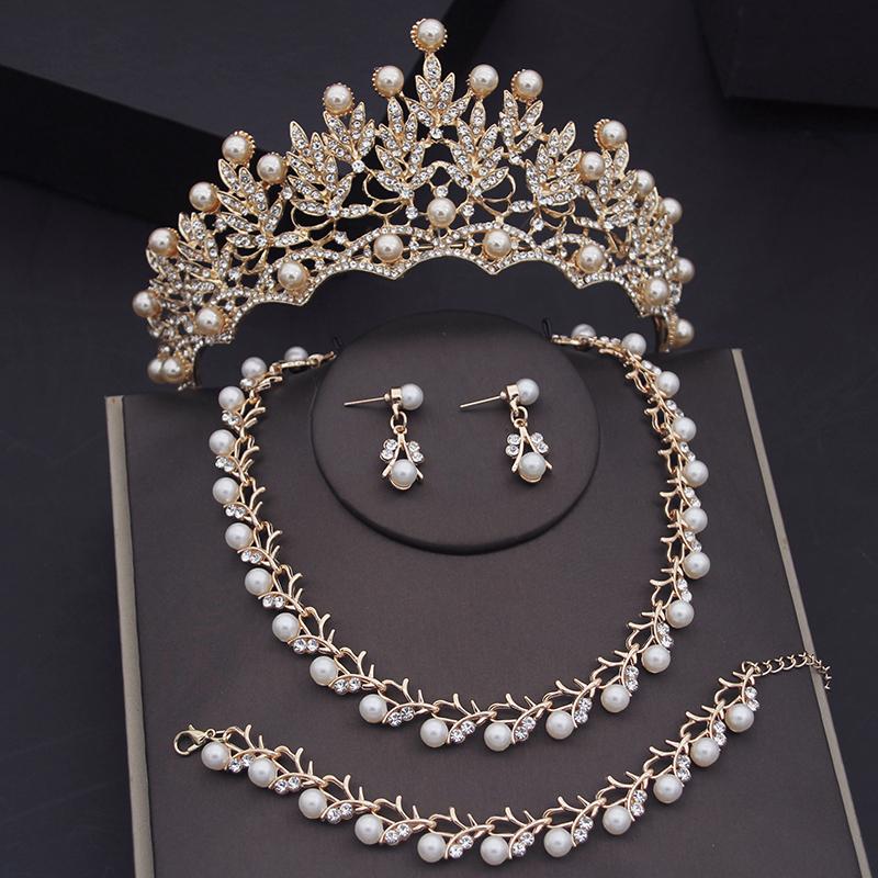 Rhinestone Pearls Bridal Jewelry Sets for Women Tiaras Earrings Necklace Sets Wedding Crown Bride Jewelry Set Accessories
