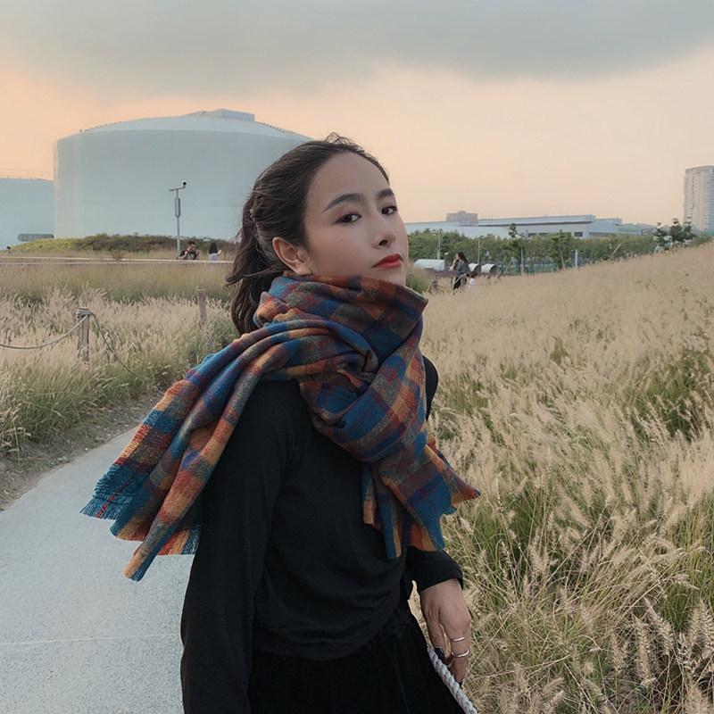 Retro Plaid Imitation Cashmere Scarf Shawl Dual Purpose Women's Winter Versatile Thickened Warm Long Style Versatile New Style