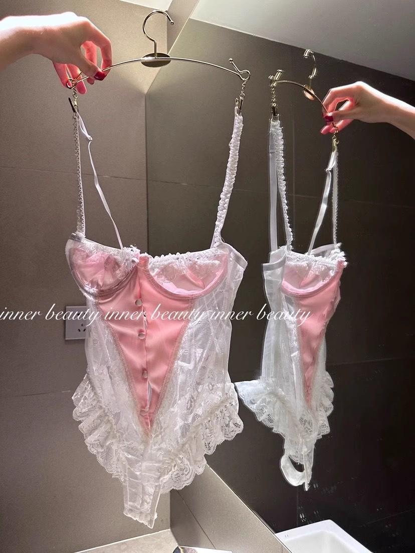 

Ge Meng Lingerie: Французька покоївка мереживна піжама для мініатюрних фігур One Size рожевий