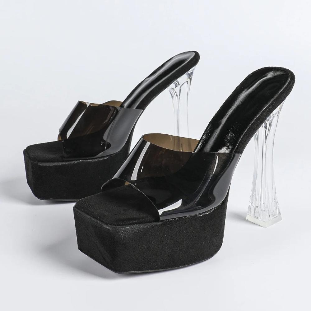 MCLUBGIRL  Crystal Thick Heel Square Transparent Word With High Heel Cool Slippers Skirt Fairy Shoes Catwalk Performa LFD-3640-3