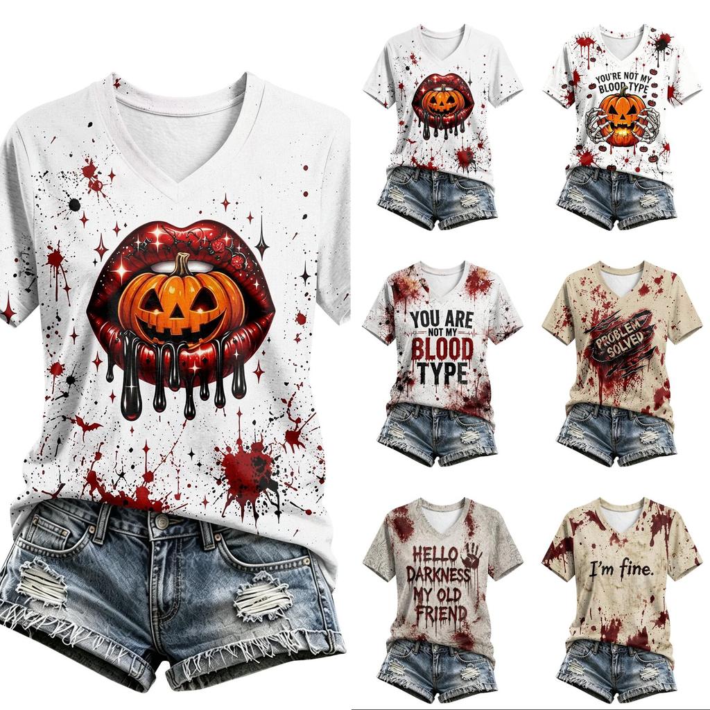 Women's Casual V-Neck Top with Halloween Print for Fall Festive Wear