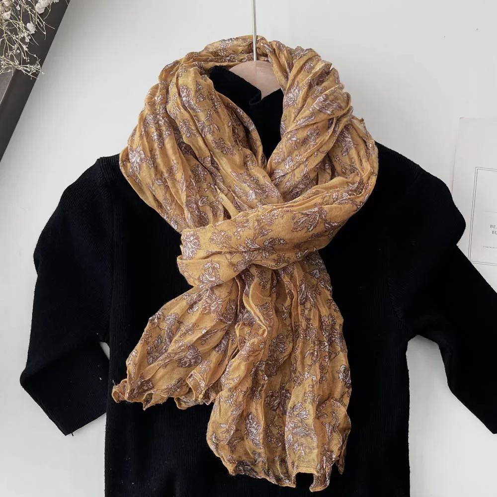 Retro Printed Scarf with Pleats Japanese Style Artistic Light and Thin Cotton and Linen Texture Long Casual Shawl Korean Version