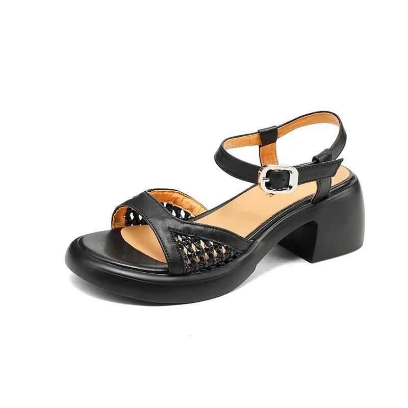 

Модные женские сандалии на толстой подошве, однотонные повседневные туфли, сандалии на высоком каблуке с ремешком, женские туфли-клинья с открытым носком 40 чёрный