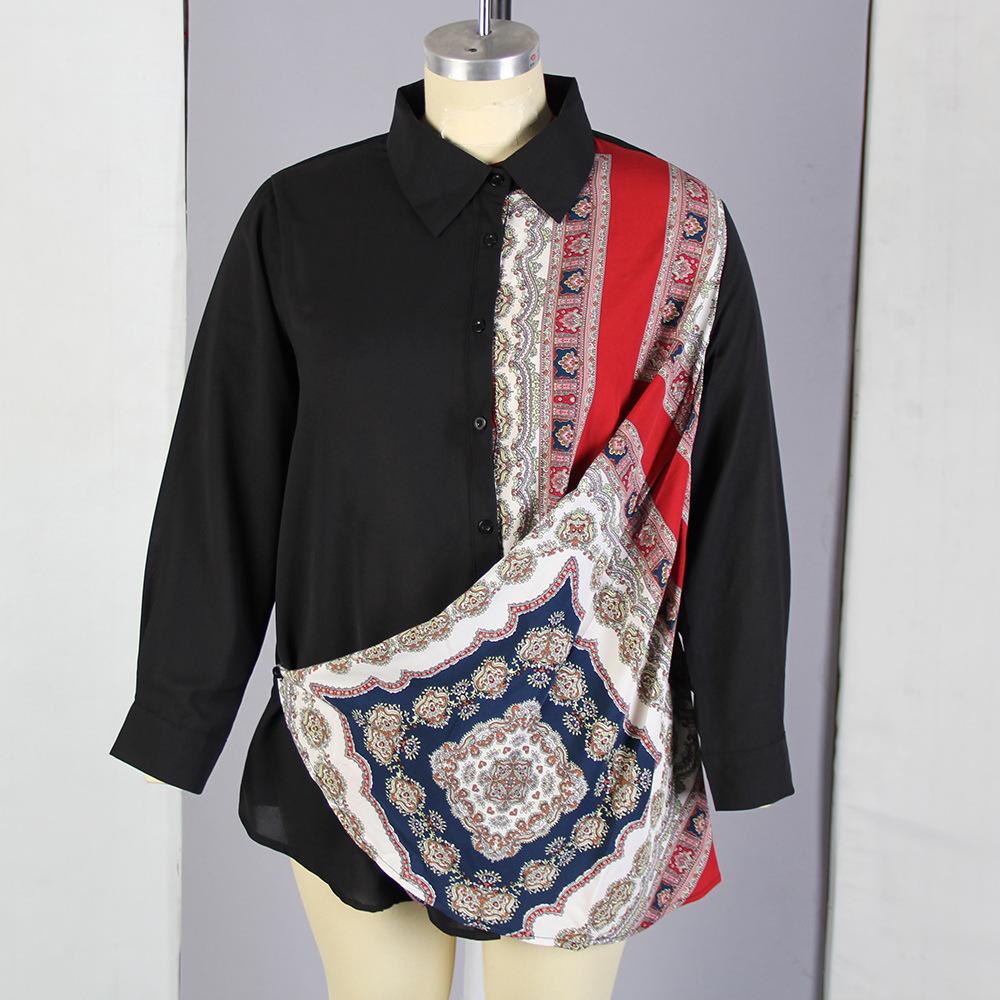 Dámská košile velké velikosti Jarní a podzimní Etnický větrný potisk Splicing Volný sexy košile s dlouhým rukávem