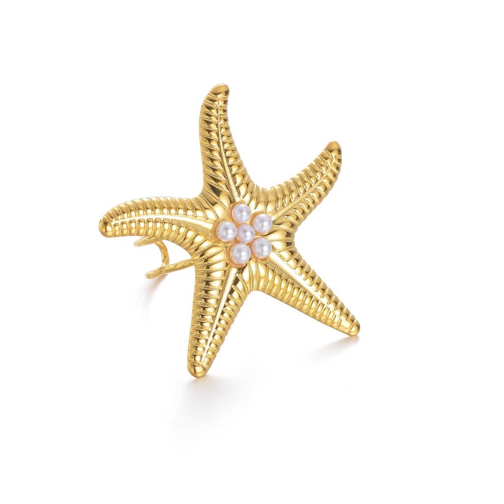 Anello Aperto INS Moda Acciaio Inossidabile Stella Marina Perla - Anello Dito Esagerato Placcato Oro 18K da Donna