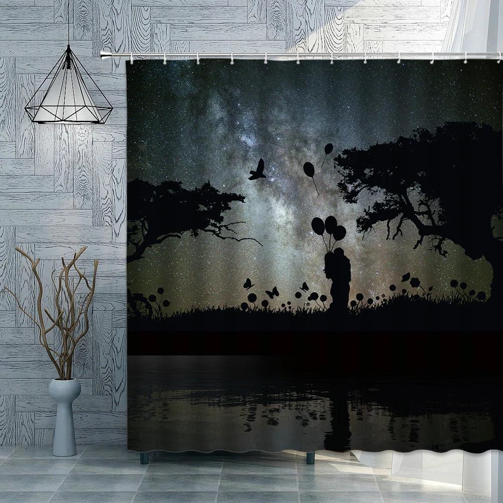 Romantic Lover Shower Curtains Moon Couple Waterproof Polyester Fabric Bathroom Curtain 3D Valentine's Day Decoration
