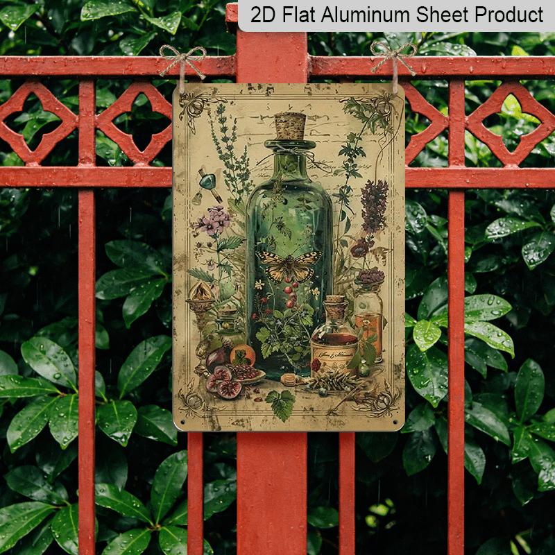2D flache Vintage-Metallwandkunst mit dekorativen Schildern und Aluminiumplaketten von Kräuterelixieren, die rustikale Pflanzendrucke mit Glasflaschen zeigen