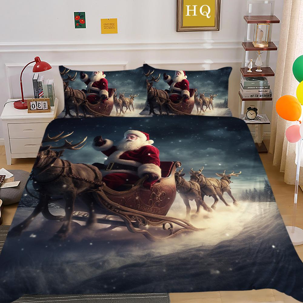 Weihnachtsmann Kutsche 3D-gedruckter Polyester Kissenbezug Bettdeckenbezug Zwei- oder Dreiteiliges Set Kann Sein