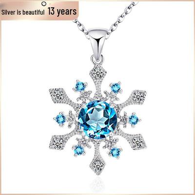925 Sterling Silver Natural Topaz Snowflake Pendant Necklace with Crystal Chain
