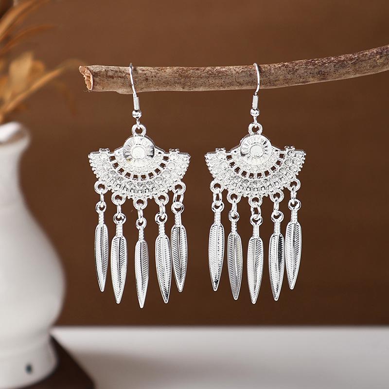 Ethnic Miao Silver Tassel Earrings - Retro Long Dangle Scenic Studs for Women