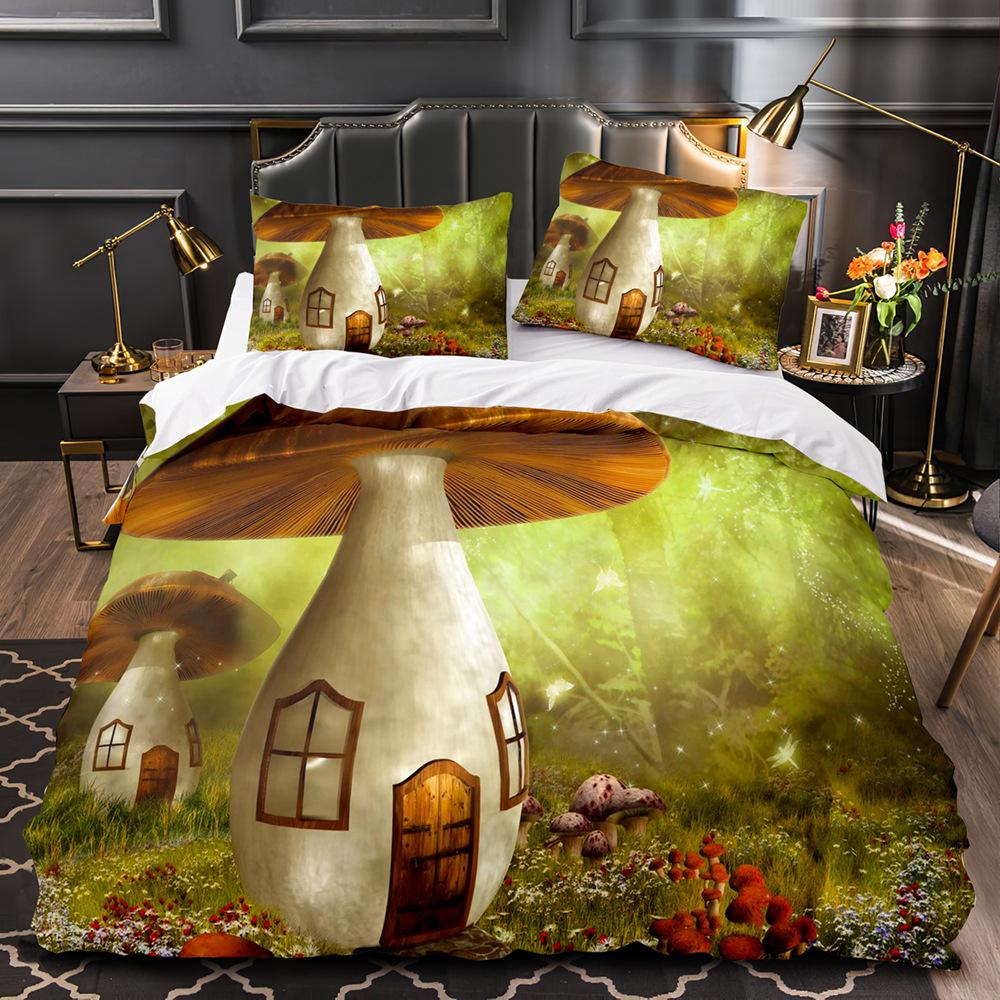 Mushroom Fairy Forest Duvet Cover Magic Lilliputian Cartoon Fungus Plant Bedding Set Fantasy Garden Polyester Comforter Cover