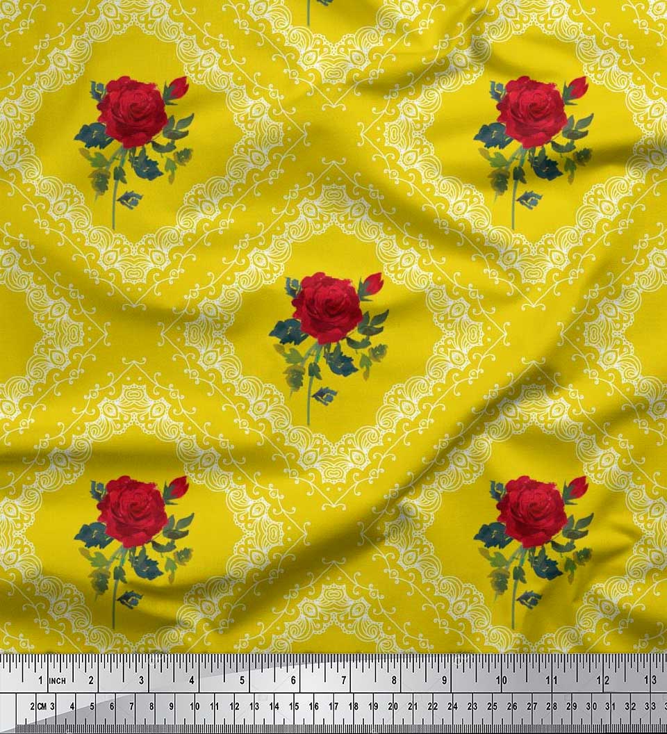 

Soimoi Японська креп-атласна тканина в клітинку, квіткові принти з листям і трояндами на метр 42 дюйми 42 Inch Wide - Poly Crepe жовтий