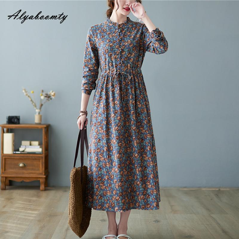 Korean Style Autumn Spring Women Midi A-Line Dress O Neck Floral Print Lace Up Dress Long Sleeve Elegant Ladies' Dress